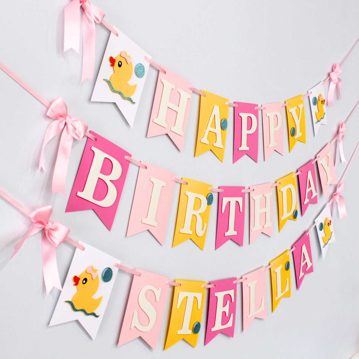 Pink Ducky Happy Birthday Banner - Custom Name Banner with Bows