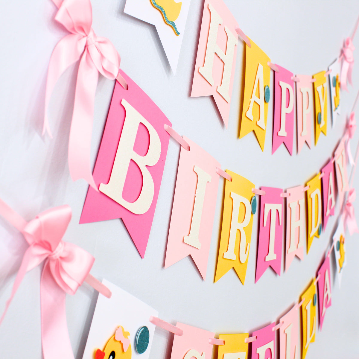 Pink Ducky Happy Birthday Banner - Custom Name Banner with Bows