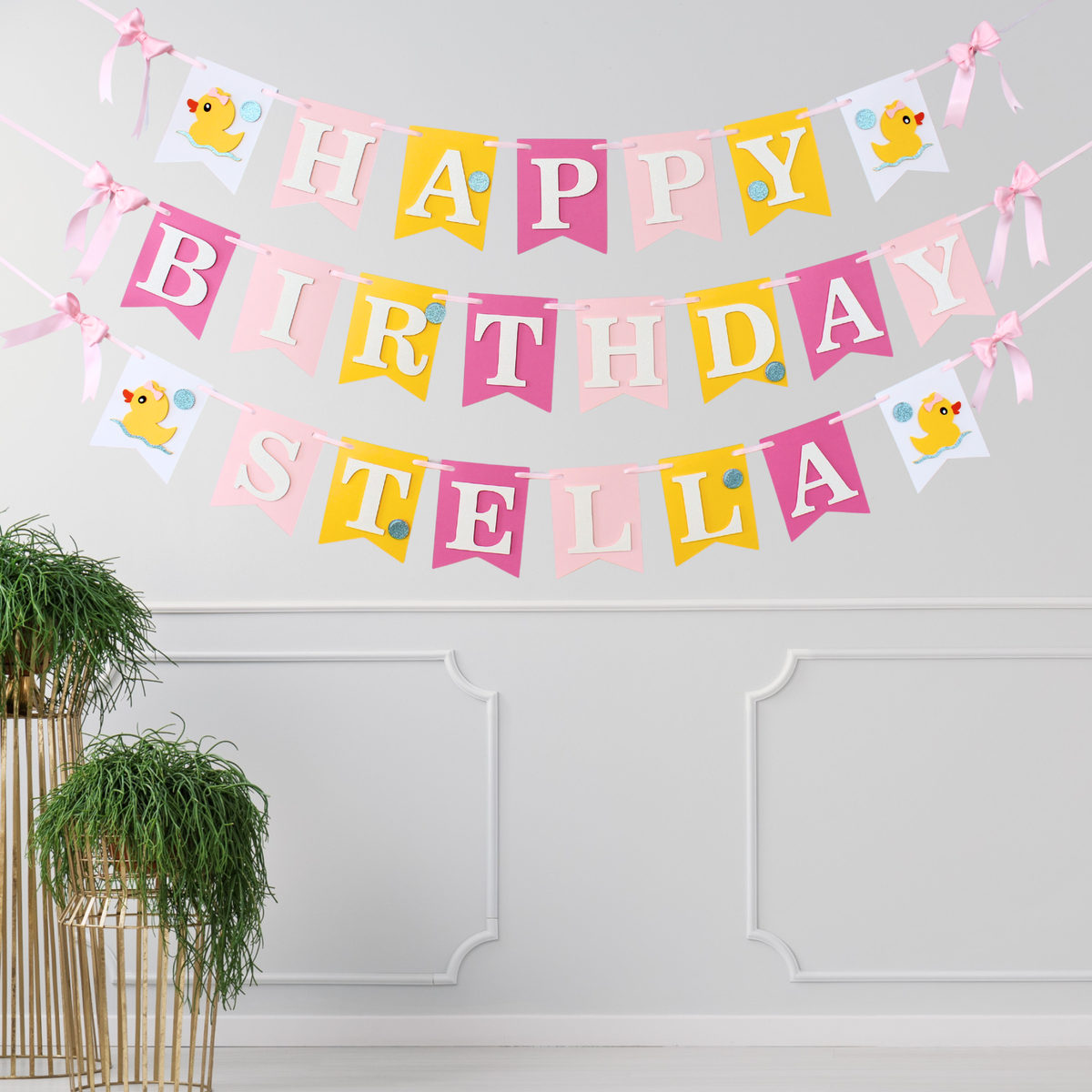 Pink Ducky Happy Birthday Banner - Custom Name Banner with Bows