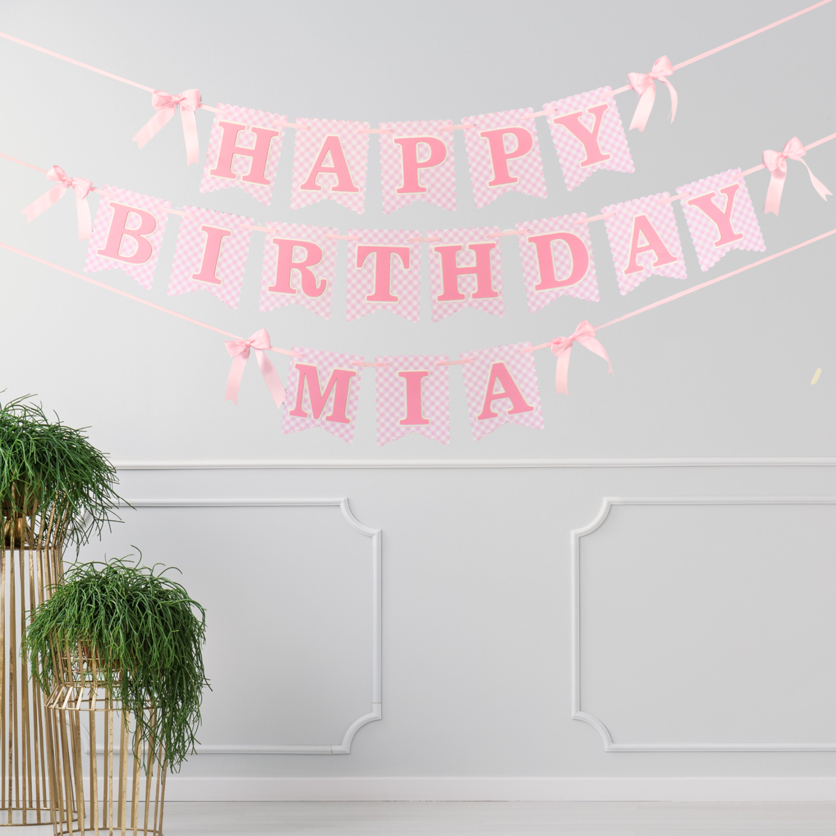 Pink Gingham Happy Birthday Banner- Custom Name Banner with Bows