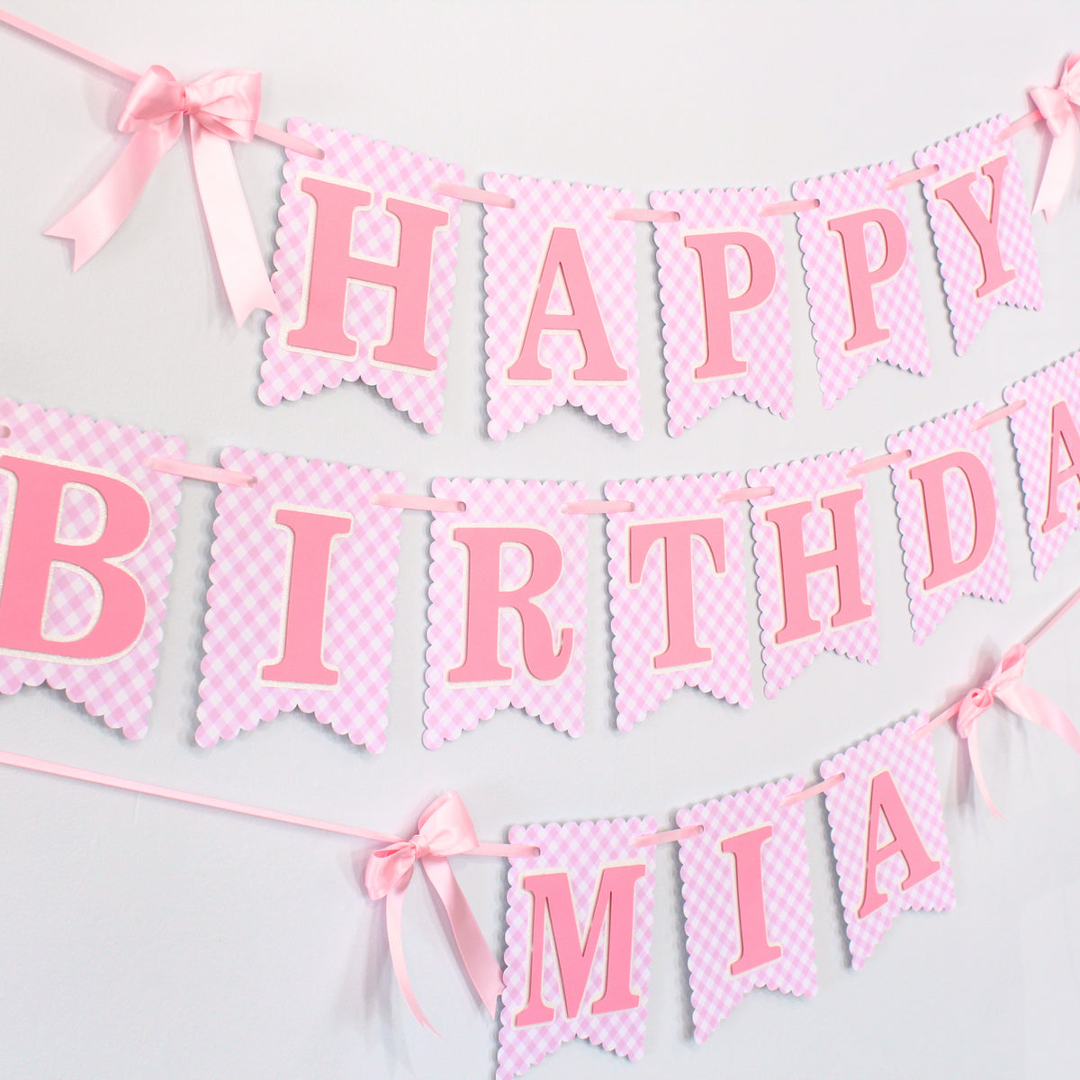 Pink Gingham Happy Birthday Banner- Custom Name Banner with Bows