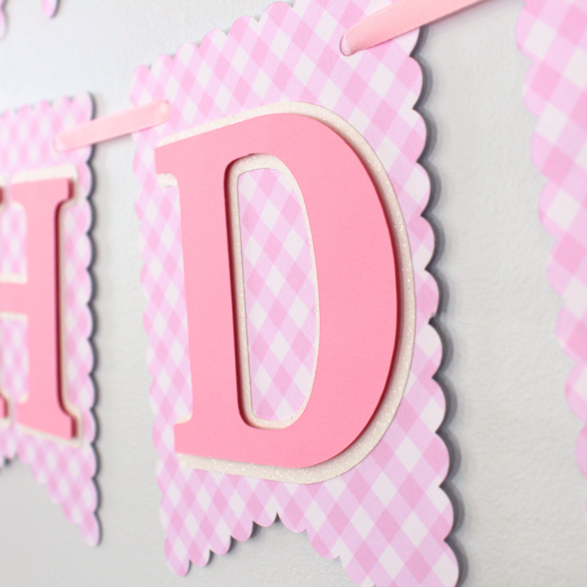 Pink Gingham Happy Birthday Banner- Custom Name Banner with Bows
