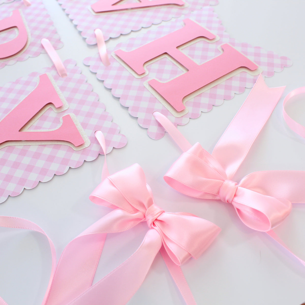 Pink Gingham Happy Birthday Banner- Custom Name Banner with Bows