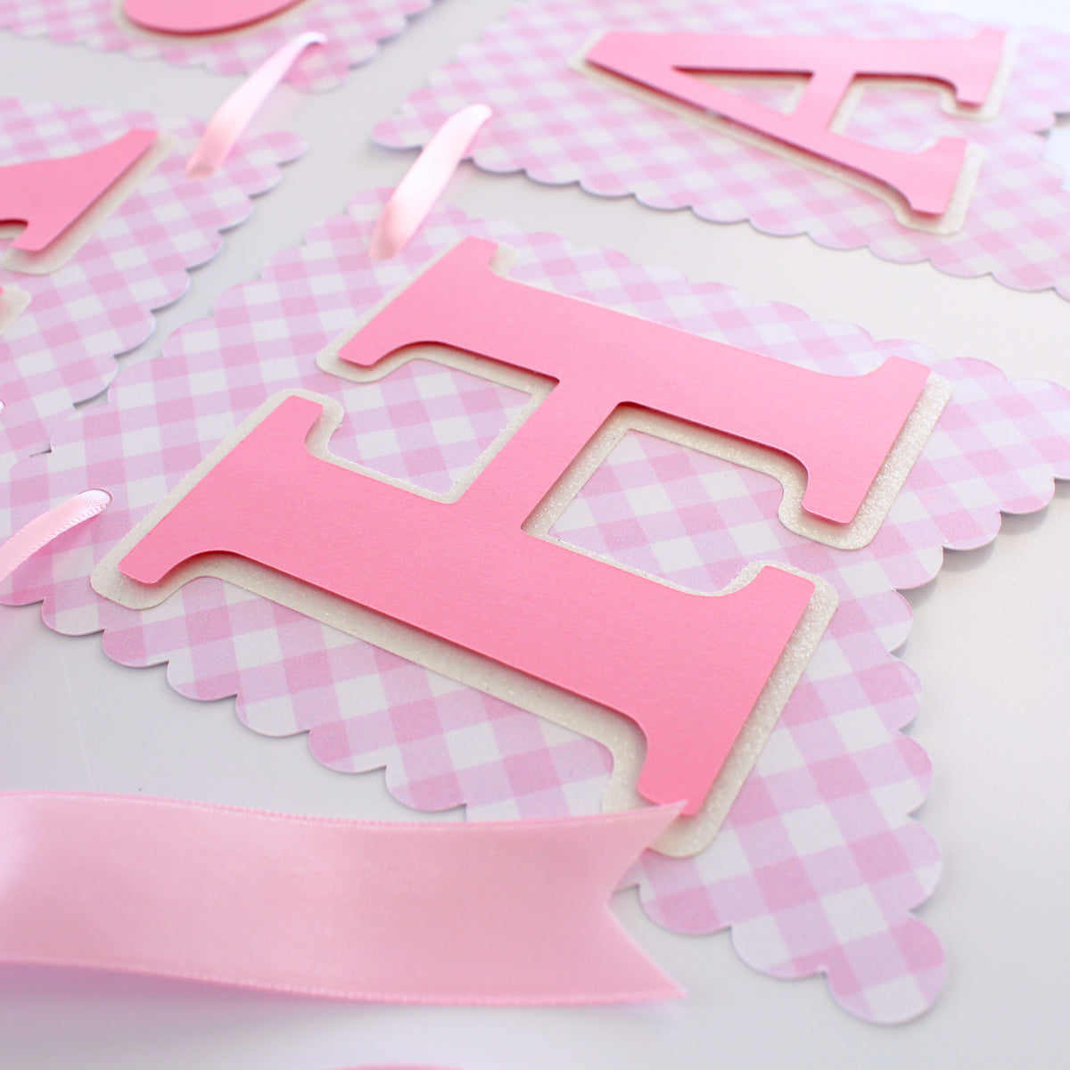 Pink Gingham Happy Birthday Banner- Custom Name Banner with Bows