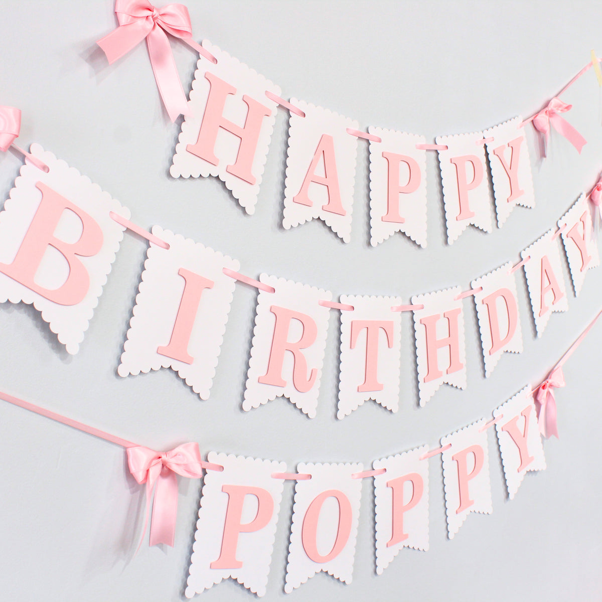 Pink and White Coquette Happy Birthday Banner - Custom Name Banner with Bows