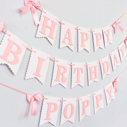 Pink and White Coquette Happy Birthday Banner - Custom Name Banner with Bows