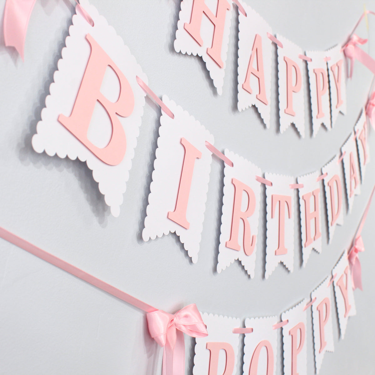 Pink and White Coquette Happy Birthday Banner - Custom Name Banner with Bows