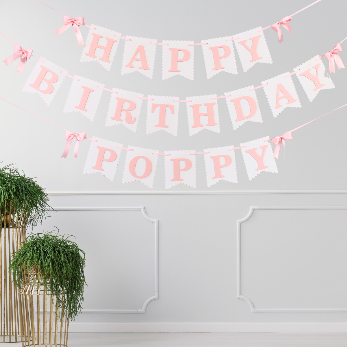 Pink and White Coquette Happy Birthday Banner - Custom Name Banner with Bows