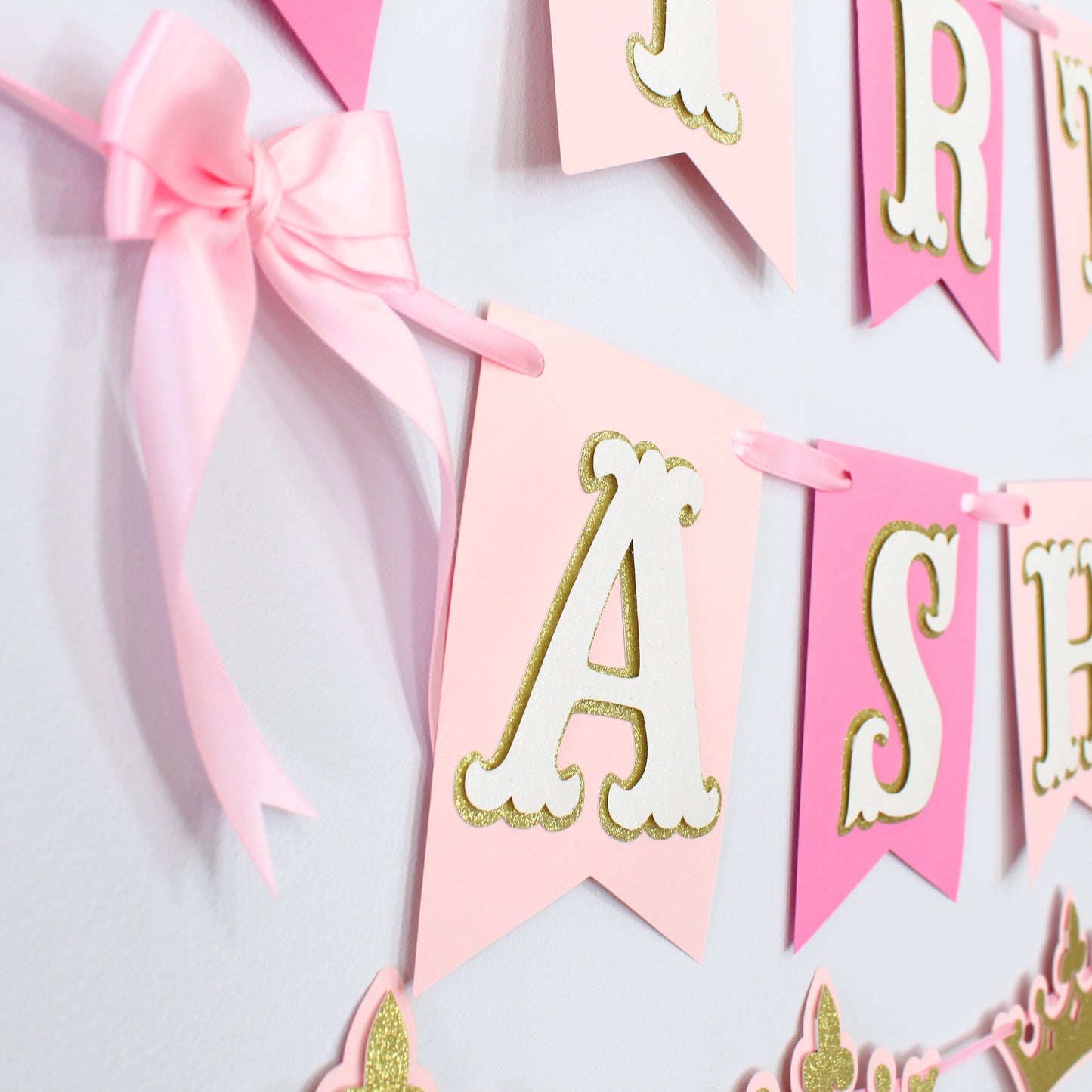Pink Princess Happy Birthday Banner - Custom Name Banner with Bows and Gold Crowns