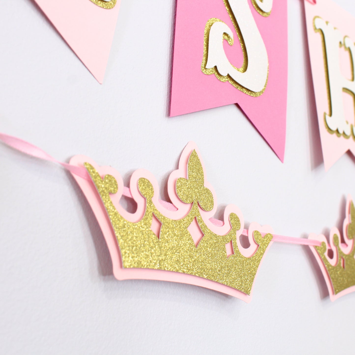 Pink Princess Happy Birthday Banner - Custom Name Banner with Bows and Gold Crowns