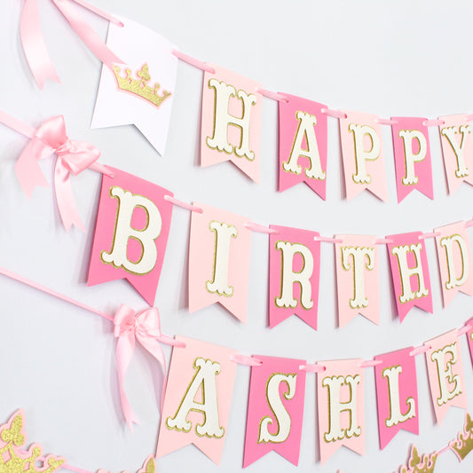 Pink Princess Happy Birthday Banner - Custom Name Banner with Bows and Gold Crowns