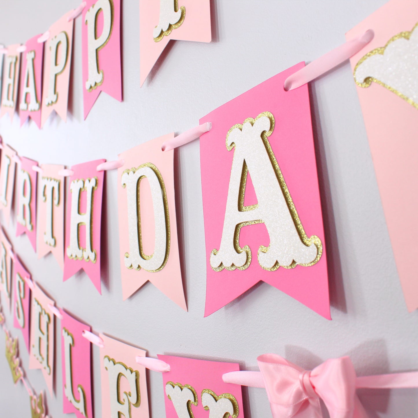 Pink Princess Happy Birthday Banner - Custom Name Banner with Bows and Gold Crowns