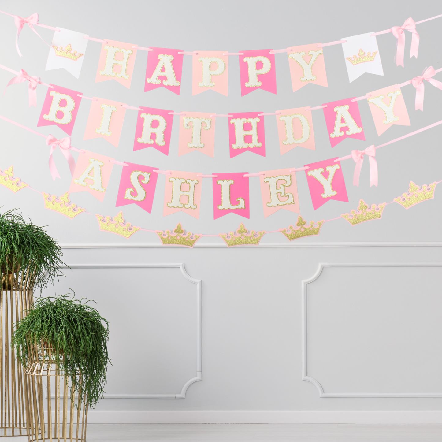 Pink Princess Happy Birthday Banner - Custom Name Banner with Bows and Gold Crowns