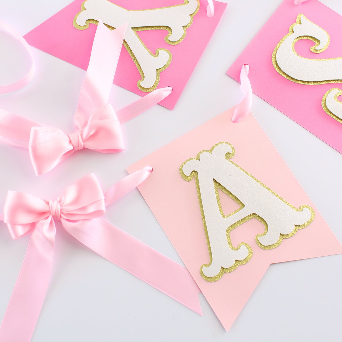 Pink Princess Happy Birthday Banner - Custom Name Banner with Bows and Gold Crowns