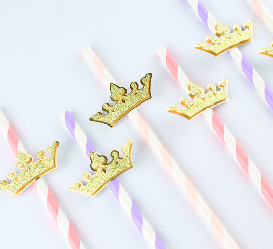 Pink and Purple Princess Crown Paper Party Straws - Set of 12