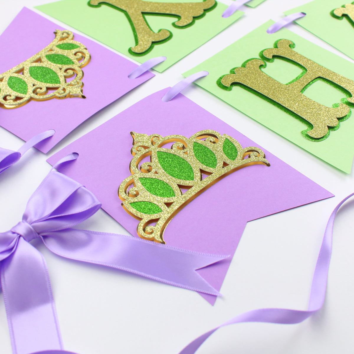 Green and Purple Princess Happy Birthday Banner - Custom Name Banner with Bows and Gold Crowns