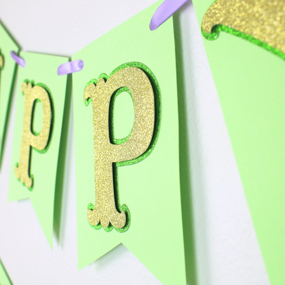 Green and Purple Princess Happy Birthday Banner - Custom Name Banner with Bows and Gold Crowns