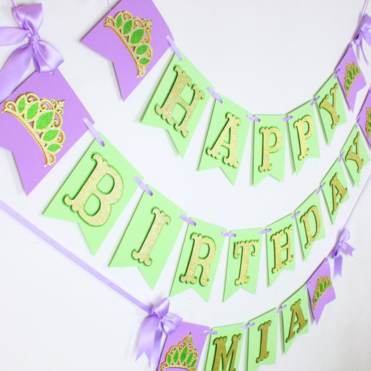Green and Purple Princess Happy Birthday Banner - Custom Name Banner with Bows and Gold Crowns