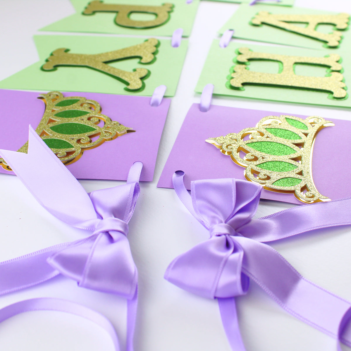 Green and Purple Princess Happy Birthday Banner - Custom Name Banner with Bows and Gold Crowns