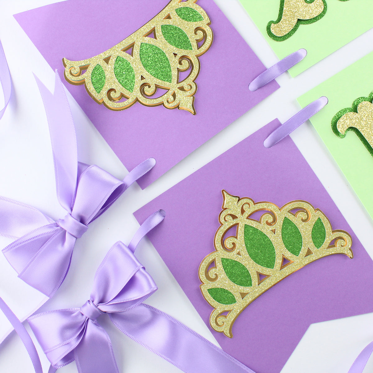 Green and Purple Princess Happy Birthday Banner - Custom Name Banner with Bows and Gold Crowns
